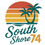 South Shore 74 logo with sunset, palm trees, waves, and teal and gold text