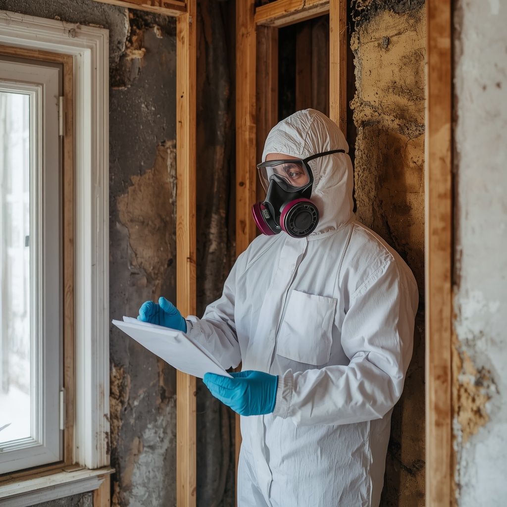 Asbestos removal professional wearing protective coveralls, respirator, and gloves while inspecting