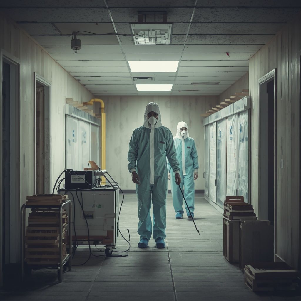 Professionals performing asbestos clearance testing in a commercial building