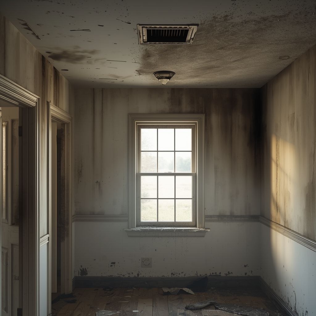 Fire-damaged room after cleanup showing soot stains on ceiling and walls with lingering toxic fire 
