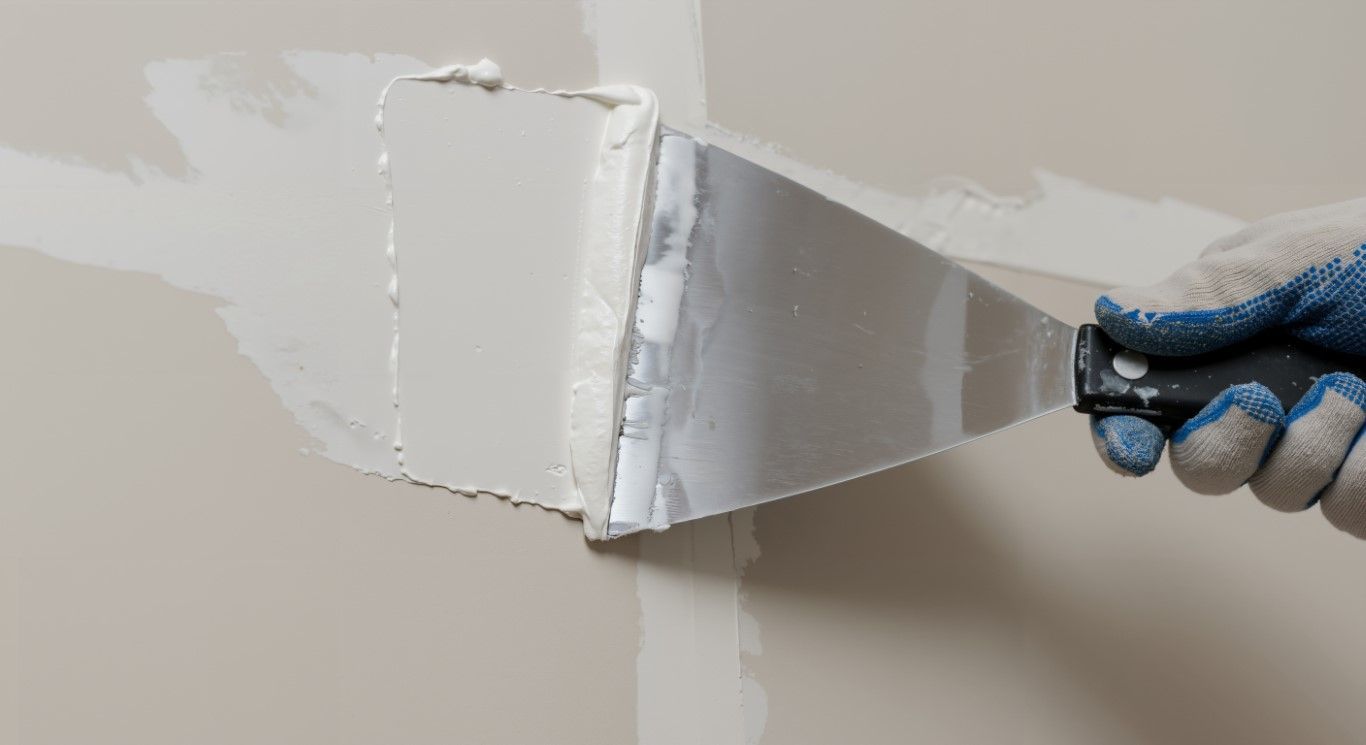 A gloved hand uses a putty knife to apply drywall compound to a wall joint.