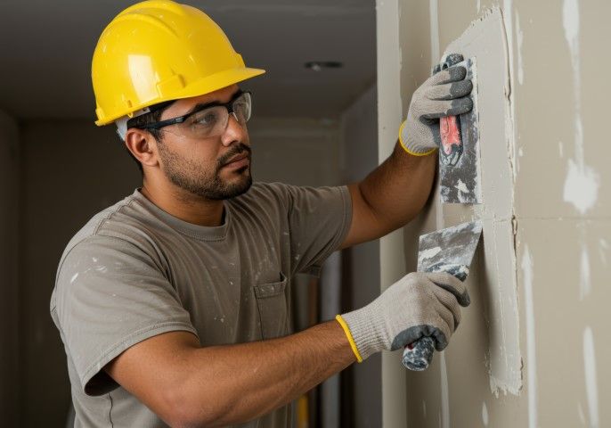 Construction worker wearing safety gear, applying drywall compound to a wall with a trowel.