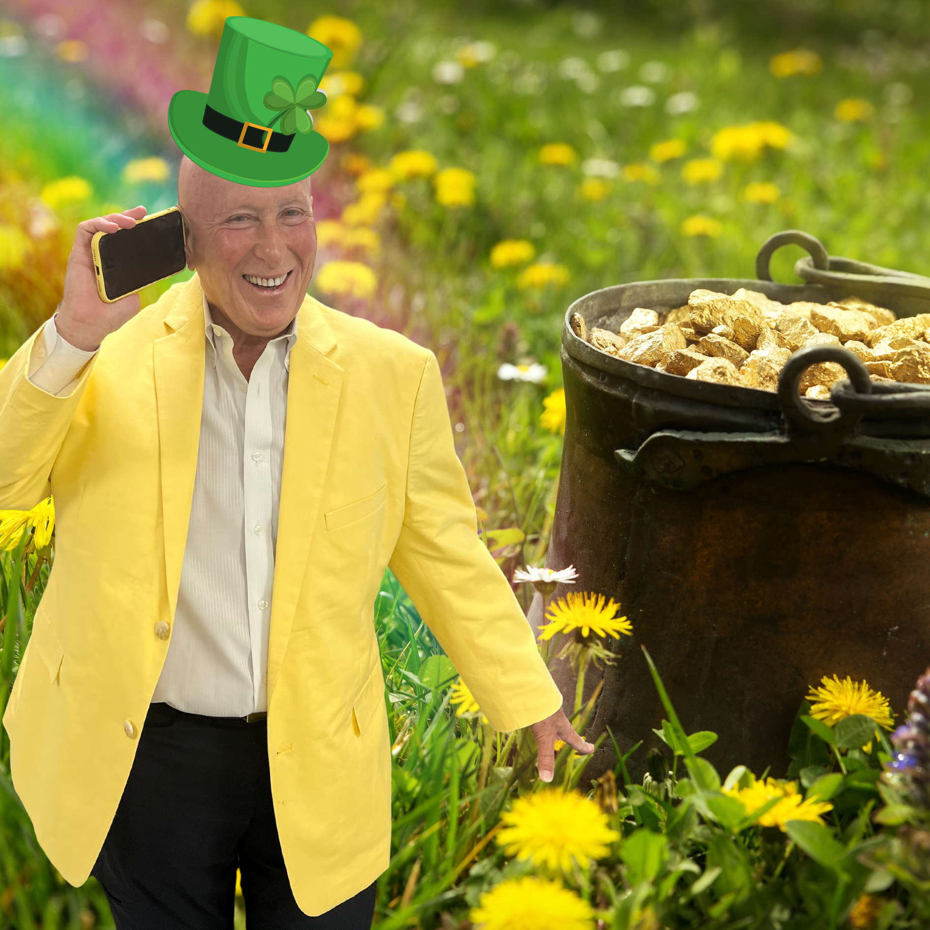 Man in yellow jacket and St. Patrick's Day hat talking on the phone near a pot of gold and a rainbow.