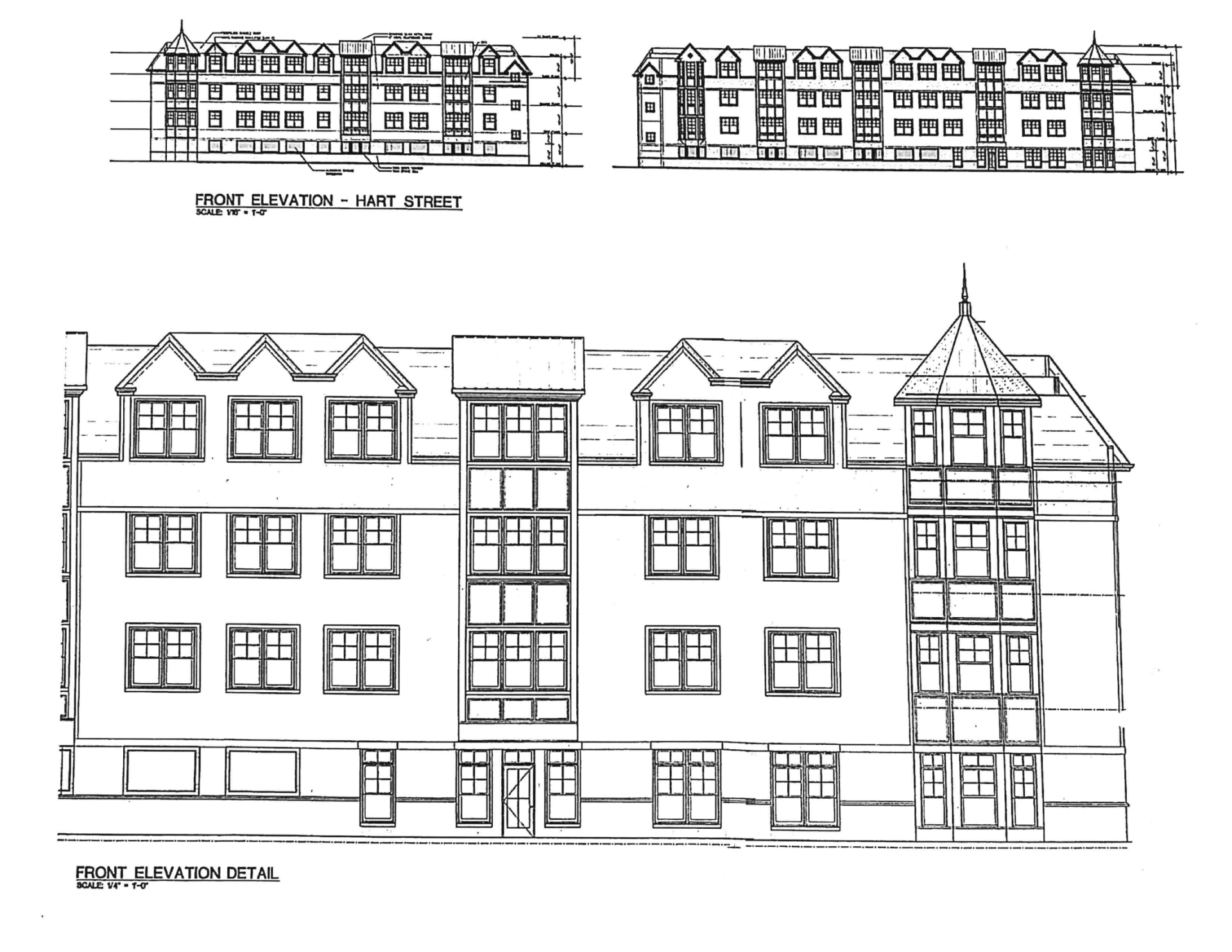 Architectural drawing: multi-story building elevations with windows, dormers, and a turret in black and white.