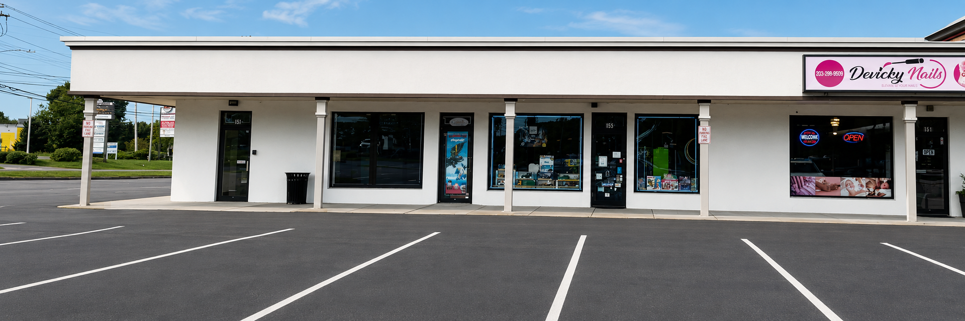 Exterior of a strip mall with a store called 