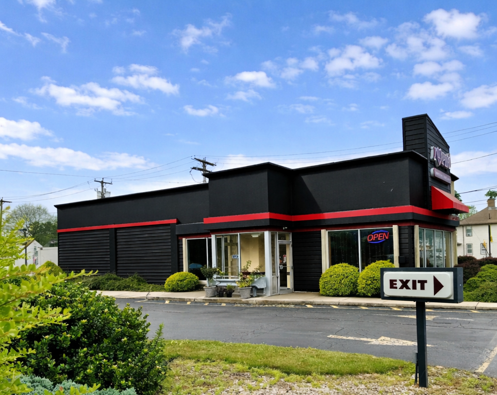 Exterior of a building with a red sign, black awning, and