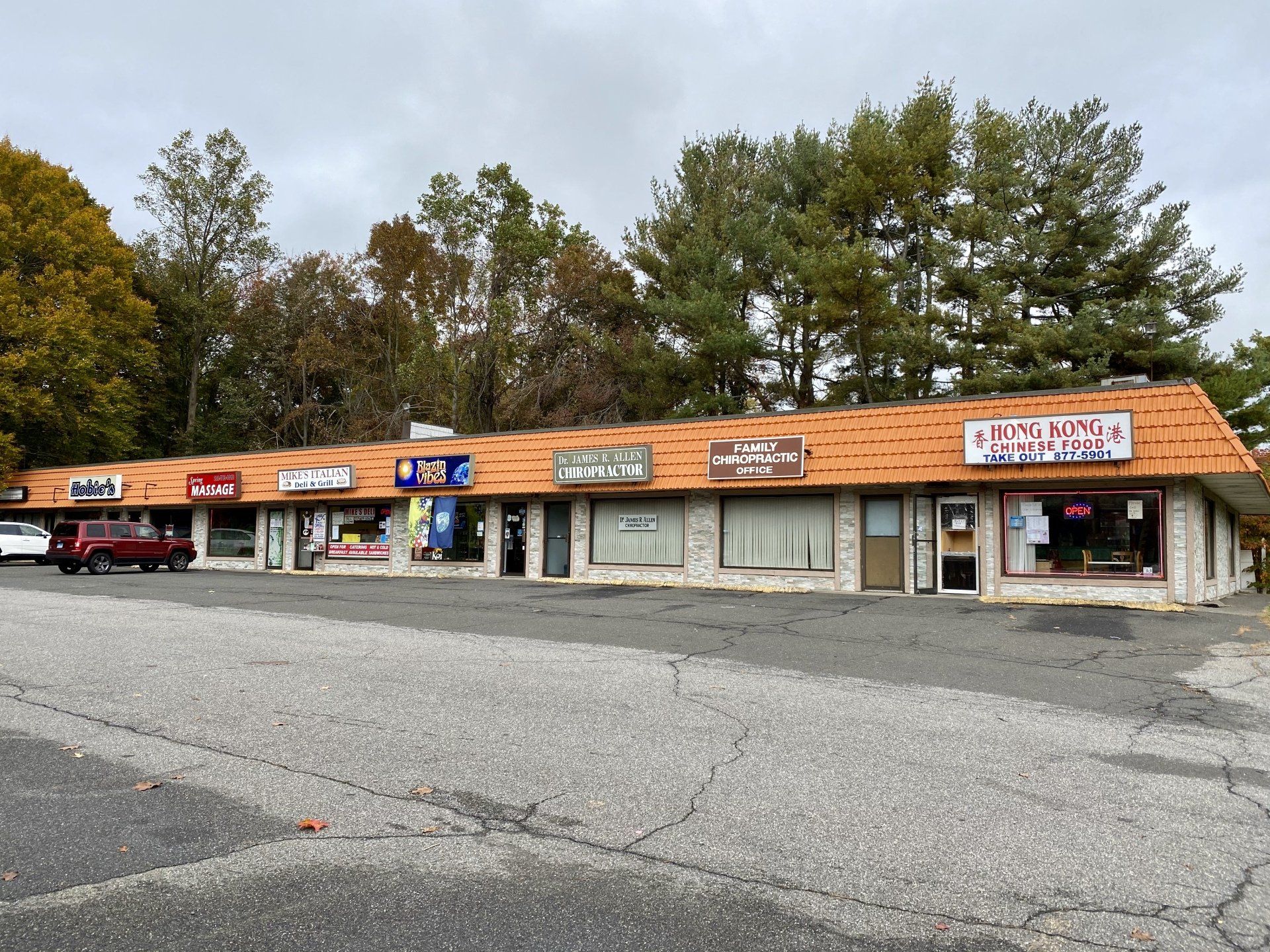 A strip mall with various storefronts, under a cloudy sky.