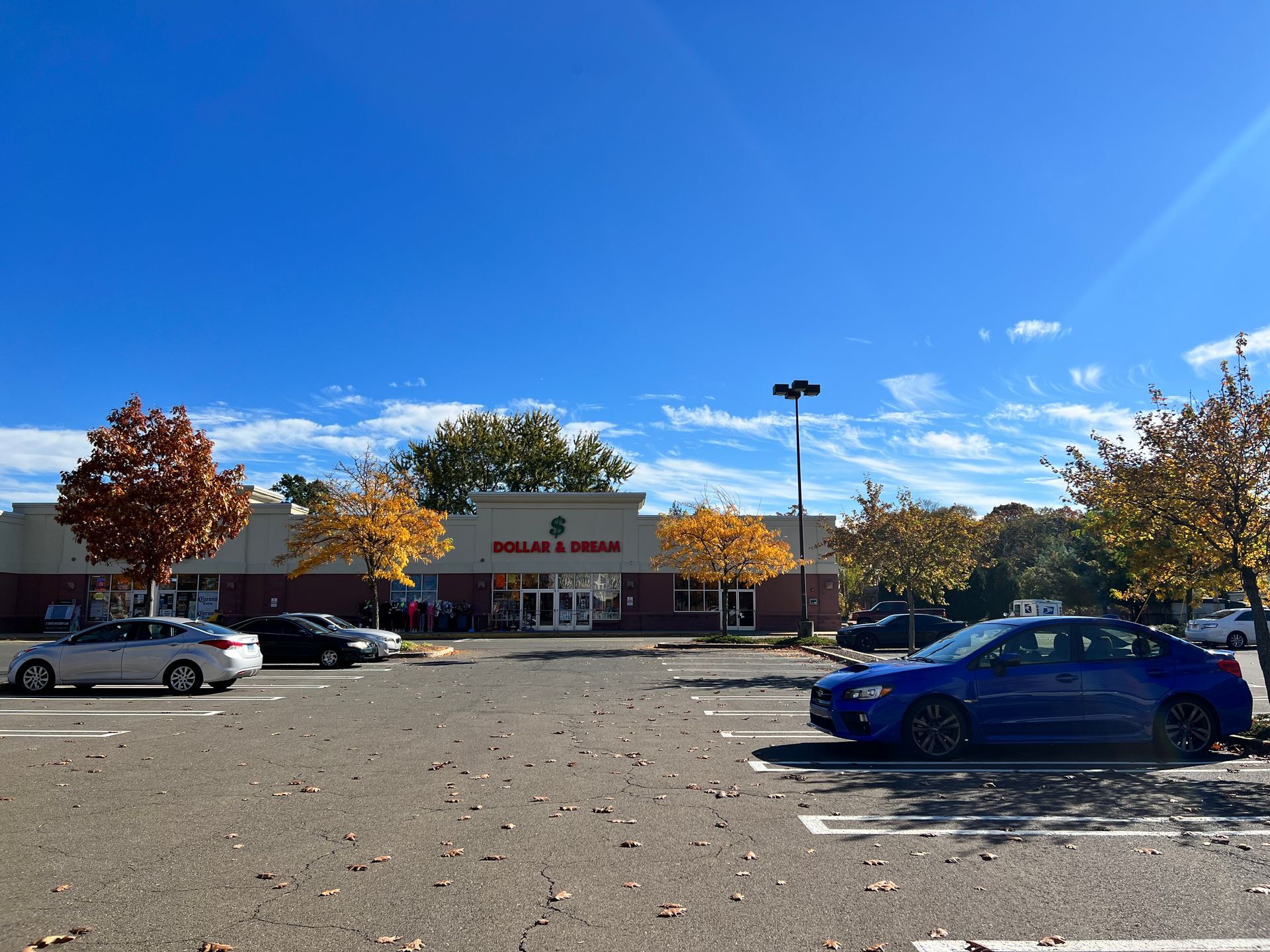 Exterior view of a shopping center with the 