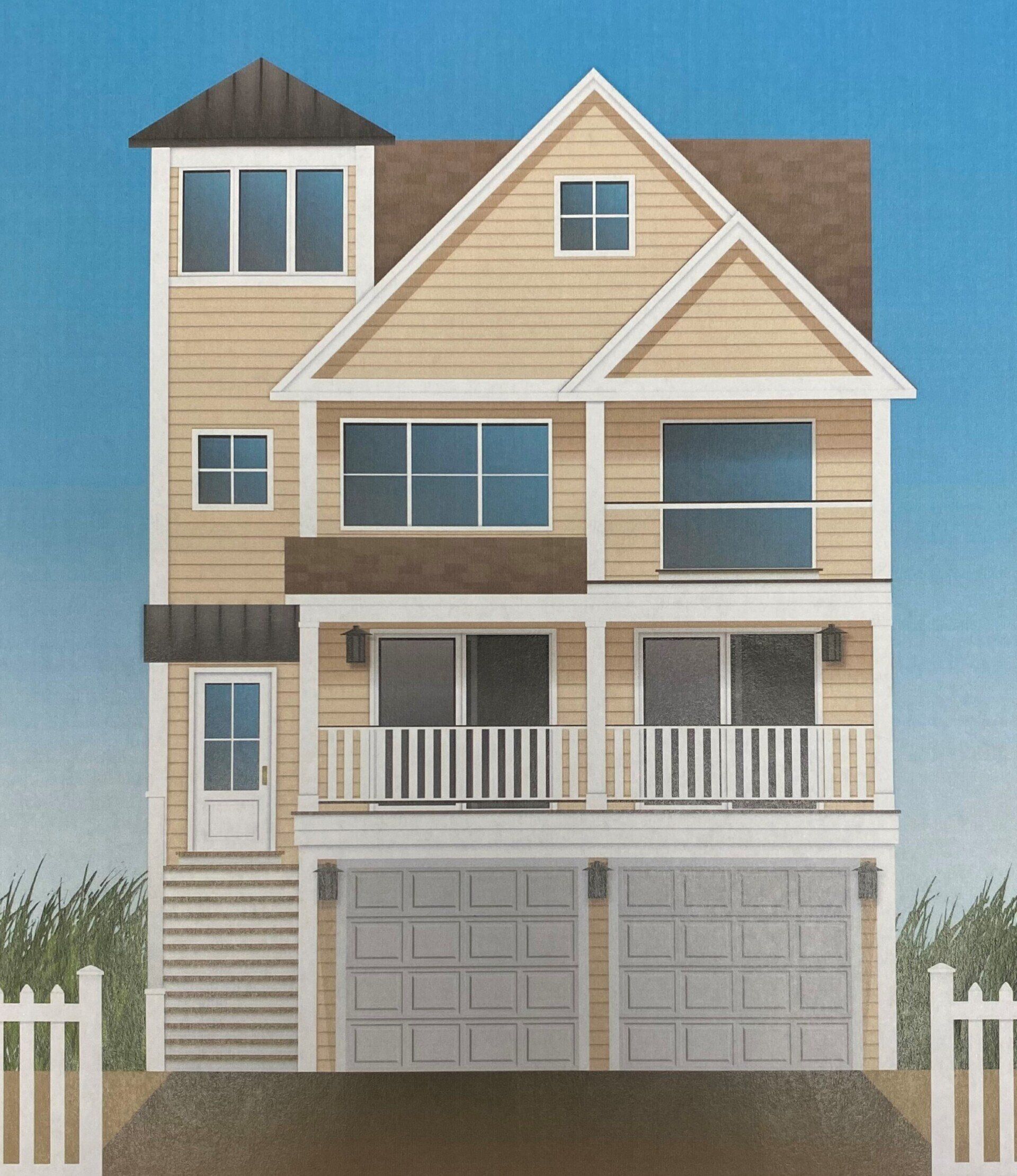 Three-story beige house with a garage, balconies, and stairs leading to the front door.