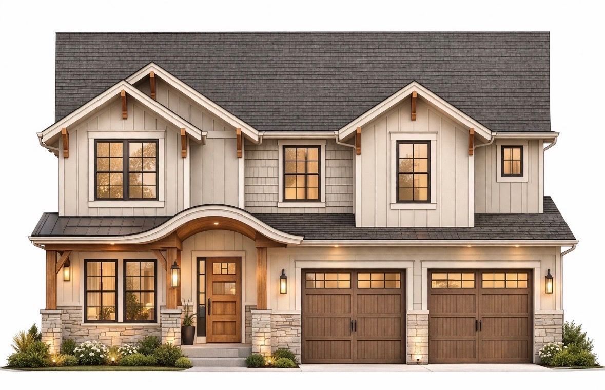 Green two-story house with a floor plan showing the layout and square footage.
