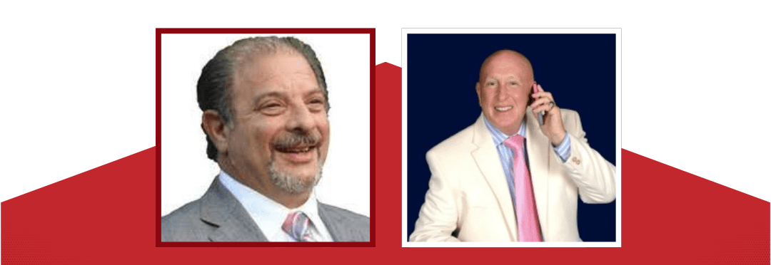 Two men in suits, one smiling, the other talking on a phone, on red and white background.