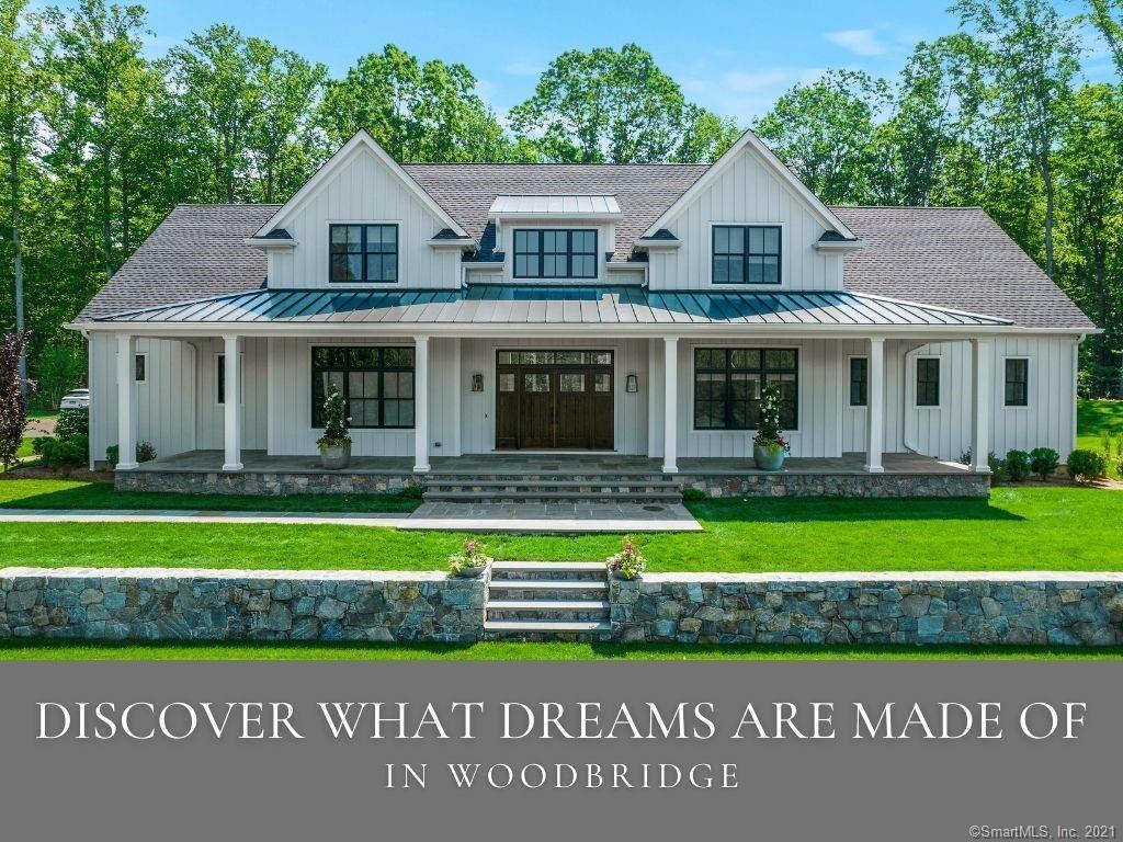 White farmhouse in Woodbridge with porch, lawn, and text: 