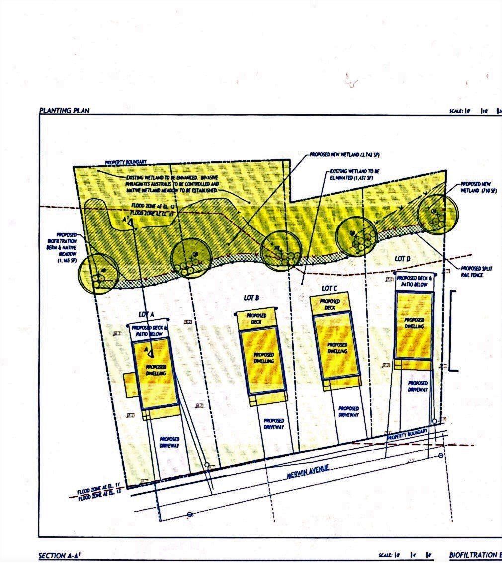 Property plan of a street with four buildings, yellow highlighting, and trees, with street and property lines.