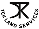 Black-and-white TCK Land Services logo with stylized TK monogram and curved company name around it
