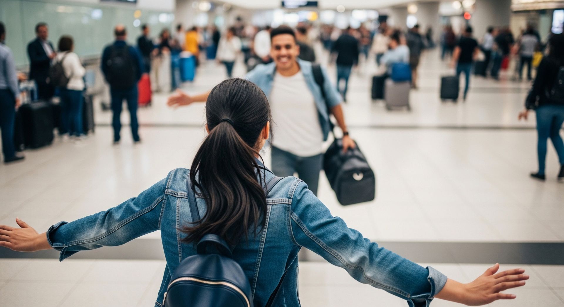 Woman with arms outstretched walking through a busy airport terminal toward an approaching traveler