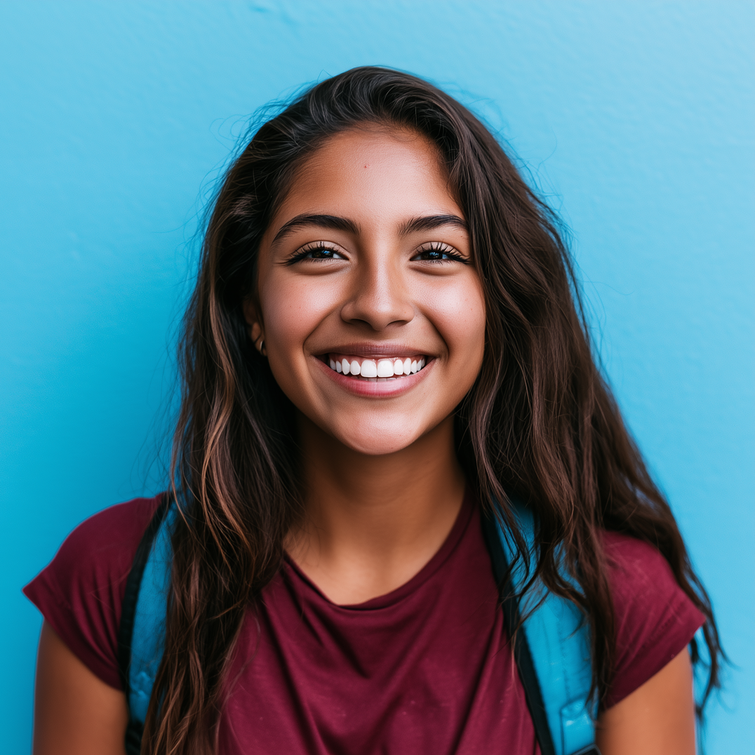 Smiling person with long dark hair wearing a maroon shirt and blue backpack against a blue background