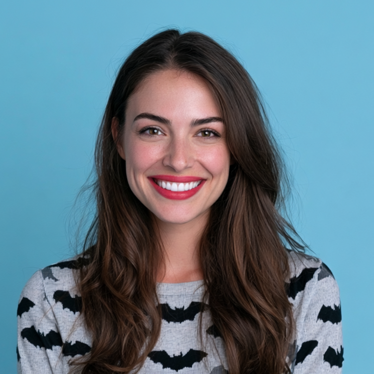Smiling woman with long brown hair in a black-and-white sweater against a blue background
