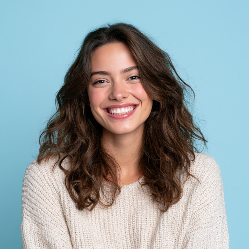 Smiling woman with wavy brown hair in a cream sweater against a light blue background
