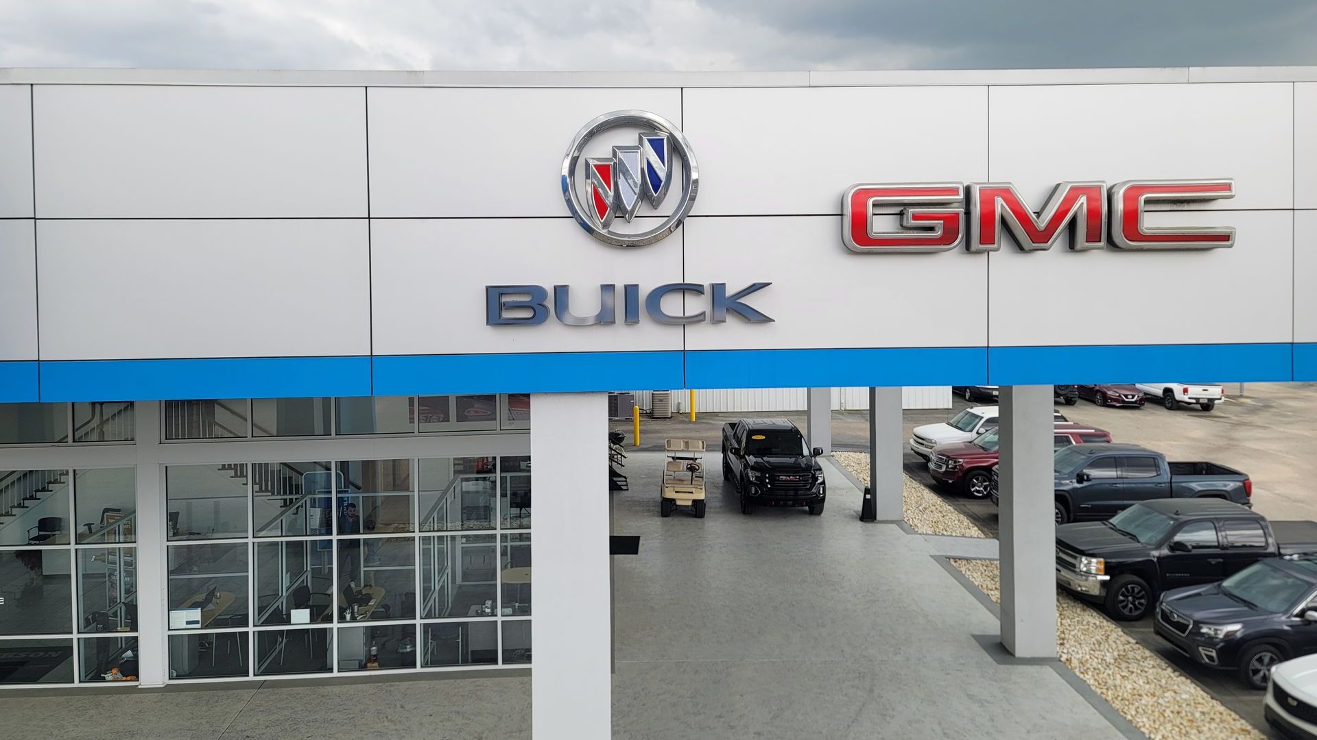 An aerial view of a buick gmc car dealership