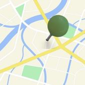 Green map pin on a city street map with yellow roads and blue waterways