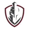 A spartan helmet is sitting inside of a shield.