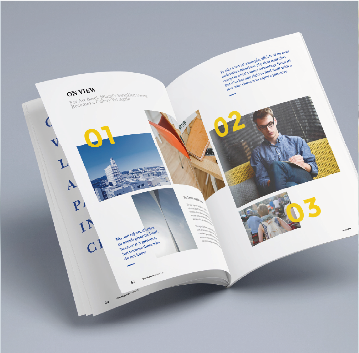 Página doble de revista abierta con números de sección en amarillo llamativo y fotos sobre un fondo gris limpio.