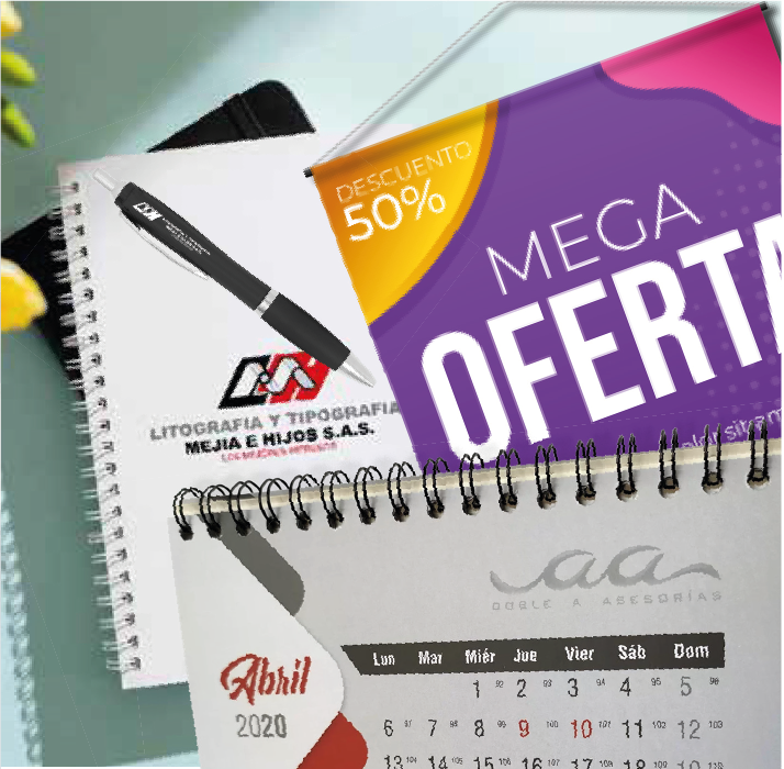 Calendario de espiral abierto con bolígrafo y folleto rosa-morado de “Mega Oferta” con 50% de descuento.
