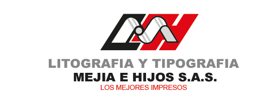 Logo de Litografía y Tipografía Mejía e Hijos S.A.S. en gris y rojo, con el lema “Los mejores impresos”.