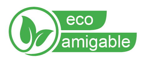 Logotipo ecológico verde con icono de hoja y texto blanco sobre un banner verde.