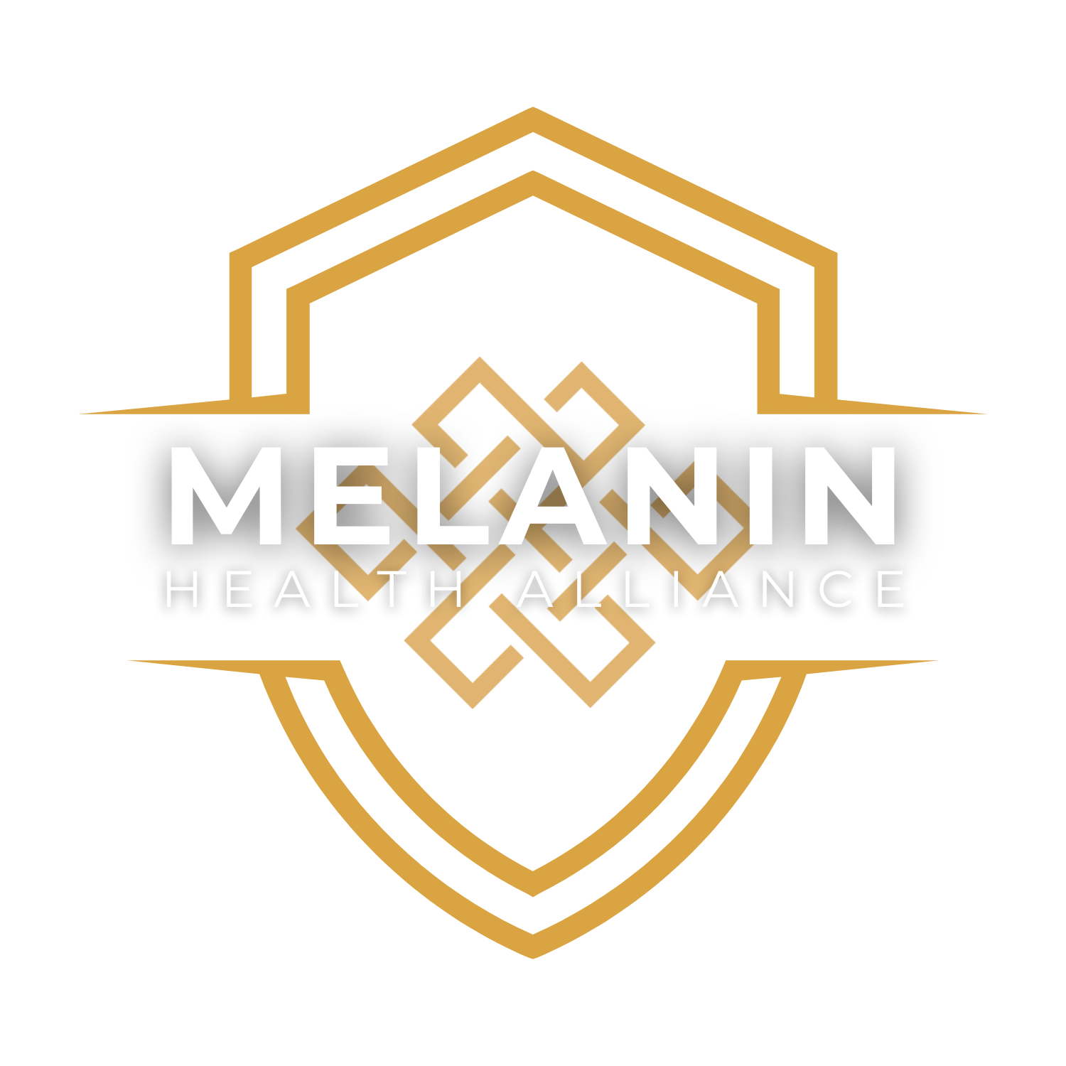 Logo for Melanin Health Alliance: gold shield with interwoven knot design and white text.