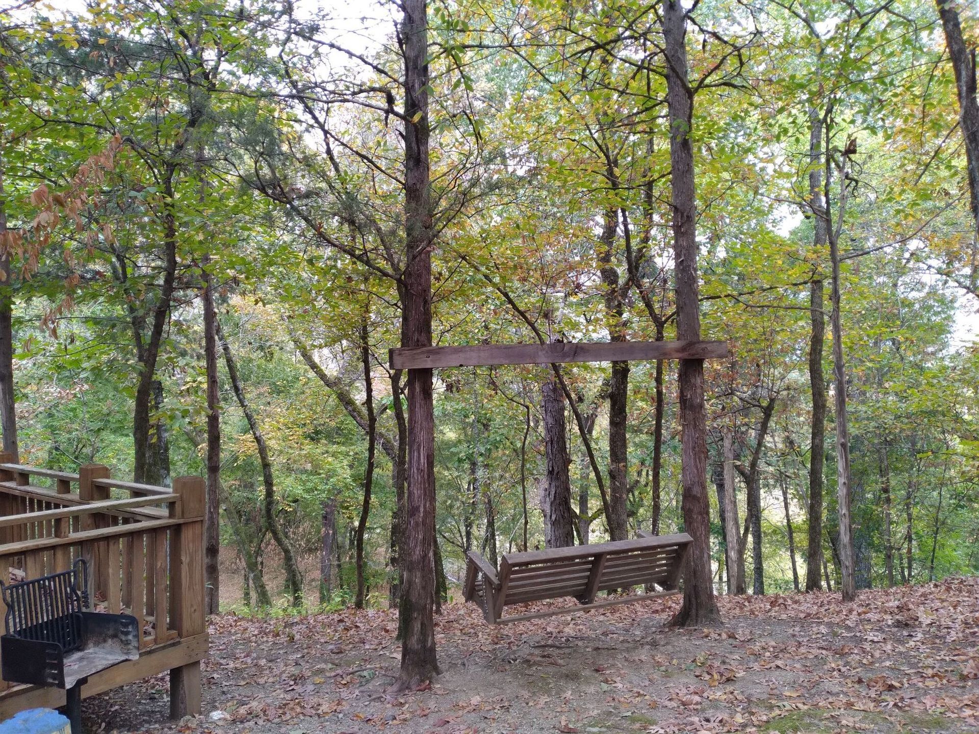 Wooded park with a wooden swing bench and deck in autumn leaves
