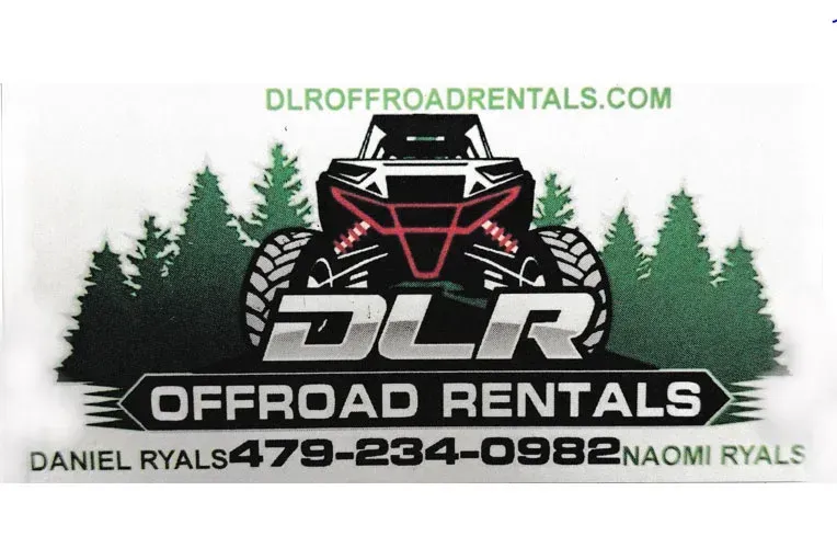 DLR Offroad Rentals logo with ATV over forest silhouette and website, phone number, and names