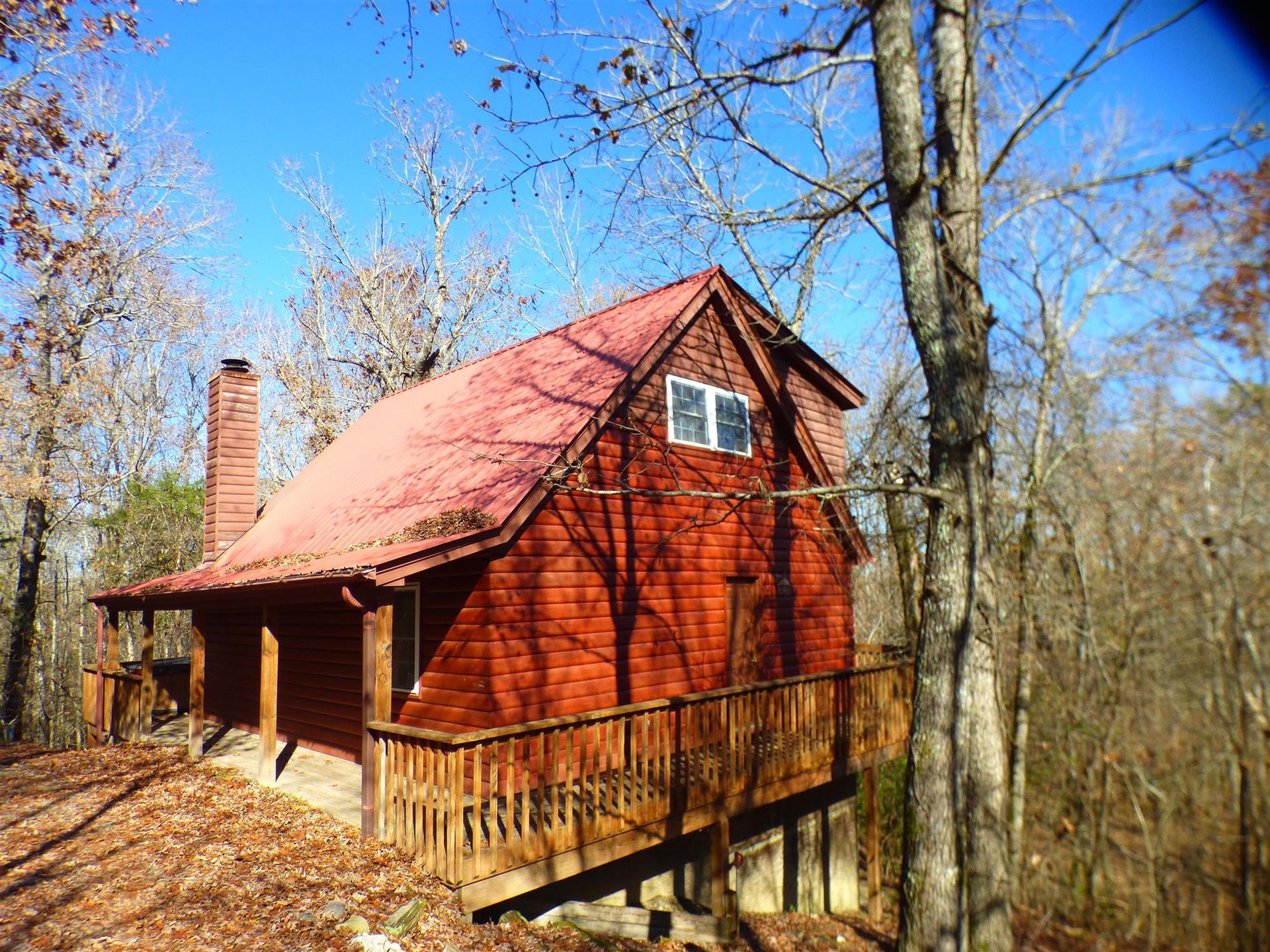 Red wooden cabin with a porch in a leafless forest on a sunny day