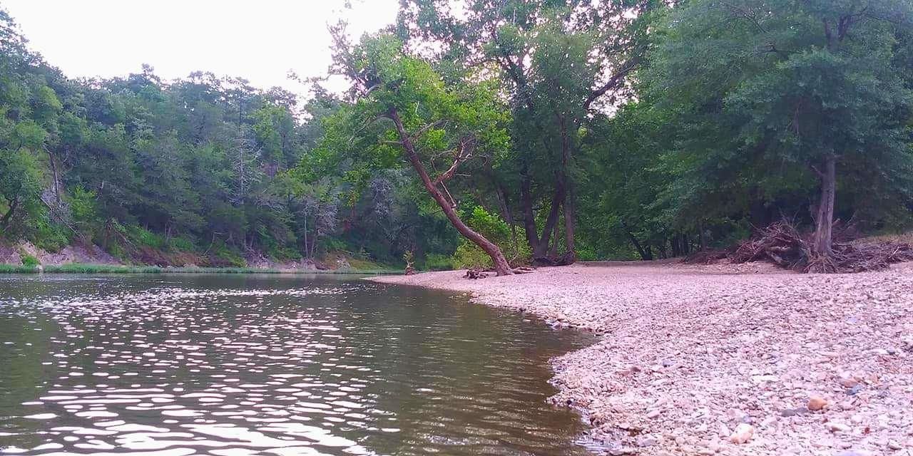 Calm river beside a pebbled shore and dense green trees under a pink-tinted sky