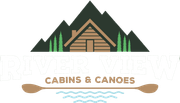 Cabin and canoe logo with mountains, pine trees, paddles, and the text “CABINS & CANOES”