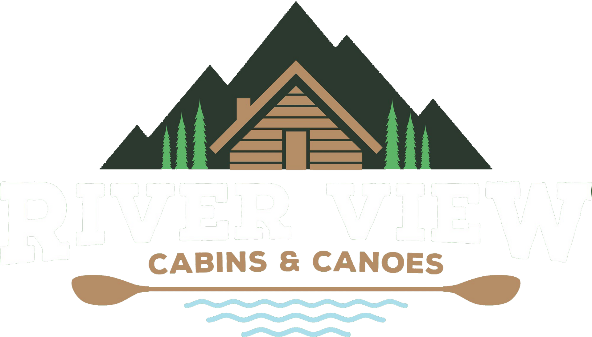 Cabin and canoe logo with mountains, pine trees, paddles, and the text “CABINS & CANOES”