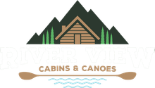 Cabin and canoe logo with mountains, pine trees, paddles, and the text “CABINS & CANOES”