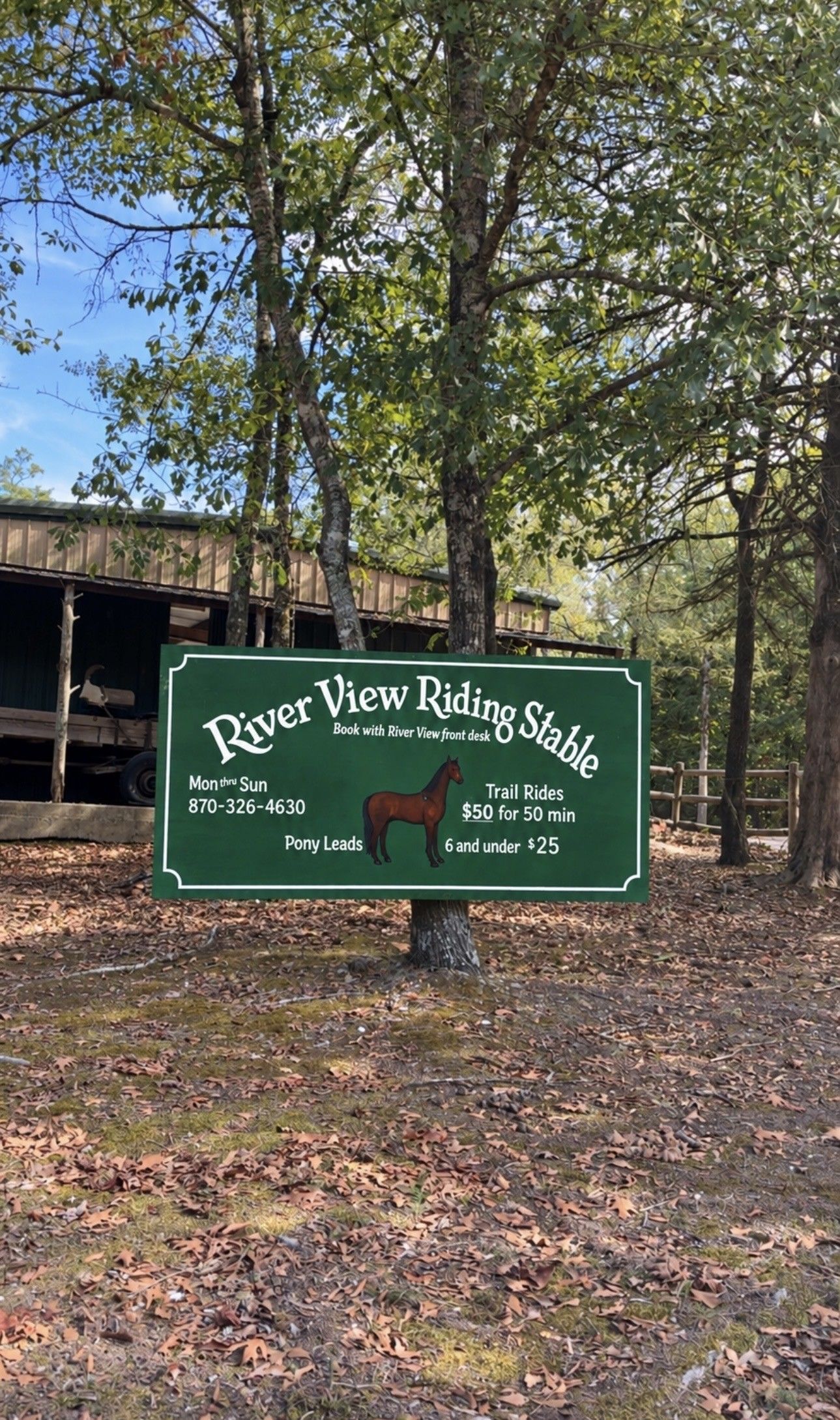 Green sign for River View Riding Stable with horse graphic in a wooded outdoor setting.