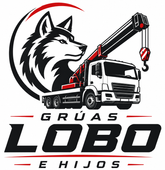 Logo de Gruas Lobo e Hijos con lobo gris y camión grúa blanco y rojo
