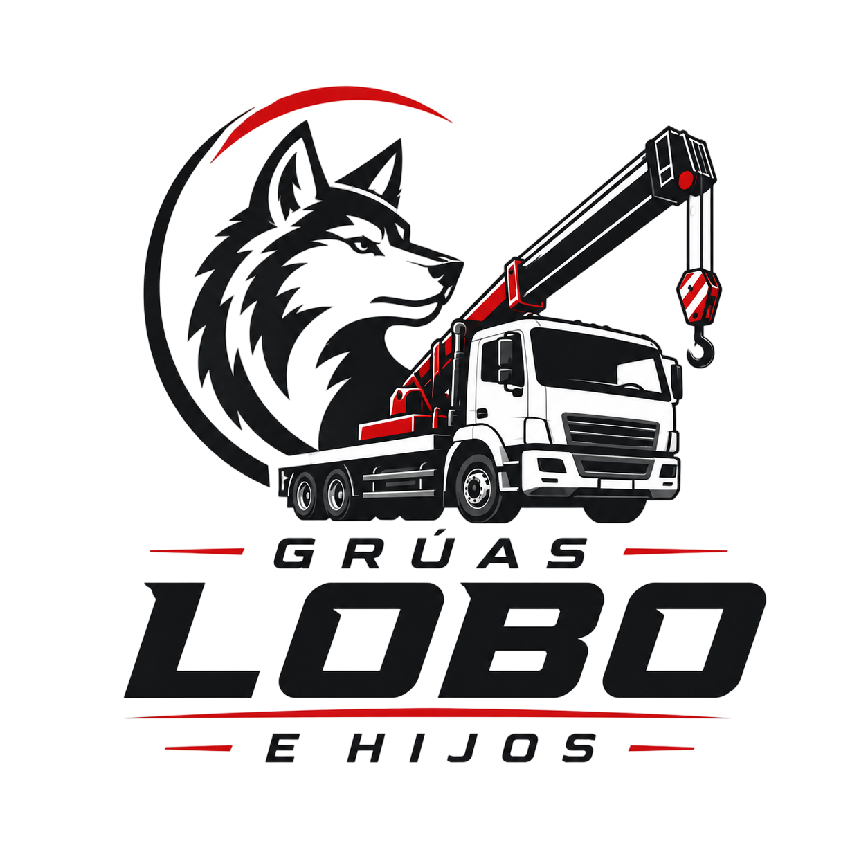 Logo de Grúas Lobo e Hijos con lobo, grúa y camión en blanco, negro y rojo