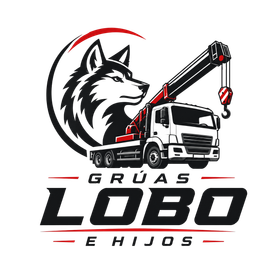 Logo de Grúas Lobo e Hijos con lobo, grúa y camión en blanco, negro y rojo