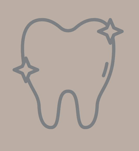 Outlined tooth icon with sparkles on a beige background
