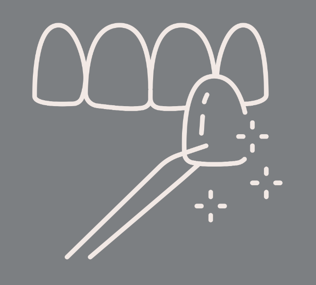 White outline of teeth and a toothbrush on a gray background, showing brushing of a front tooth.