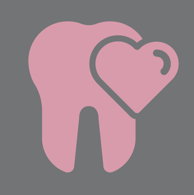 Pink tooth with a heart-shaped dental icon on a gray background