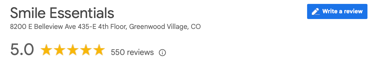 Smile Essentials listing with 5.0-star rating, Google reviews, and a blue Verify button.