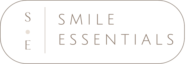 White oval logo with a vertical line, “S E” on the left and “SMILE ESSENTIALS” on the right