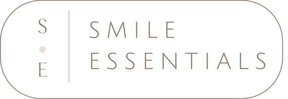 White oval logo with a vertical line, “S E” on the left and “SMILE ESSENTIALS” on the right