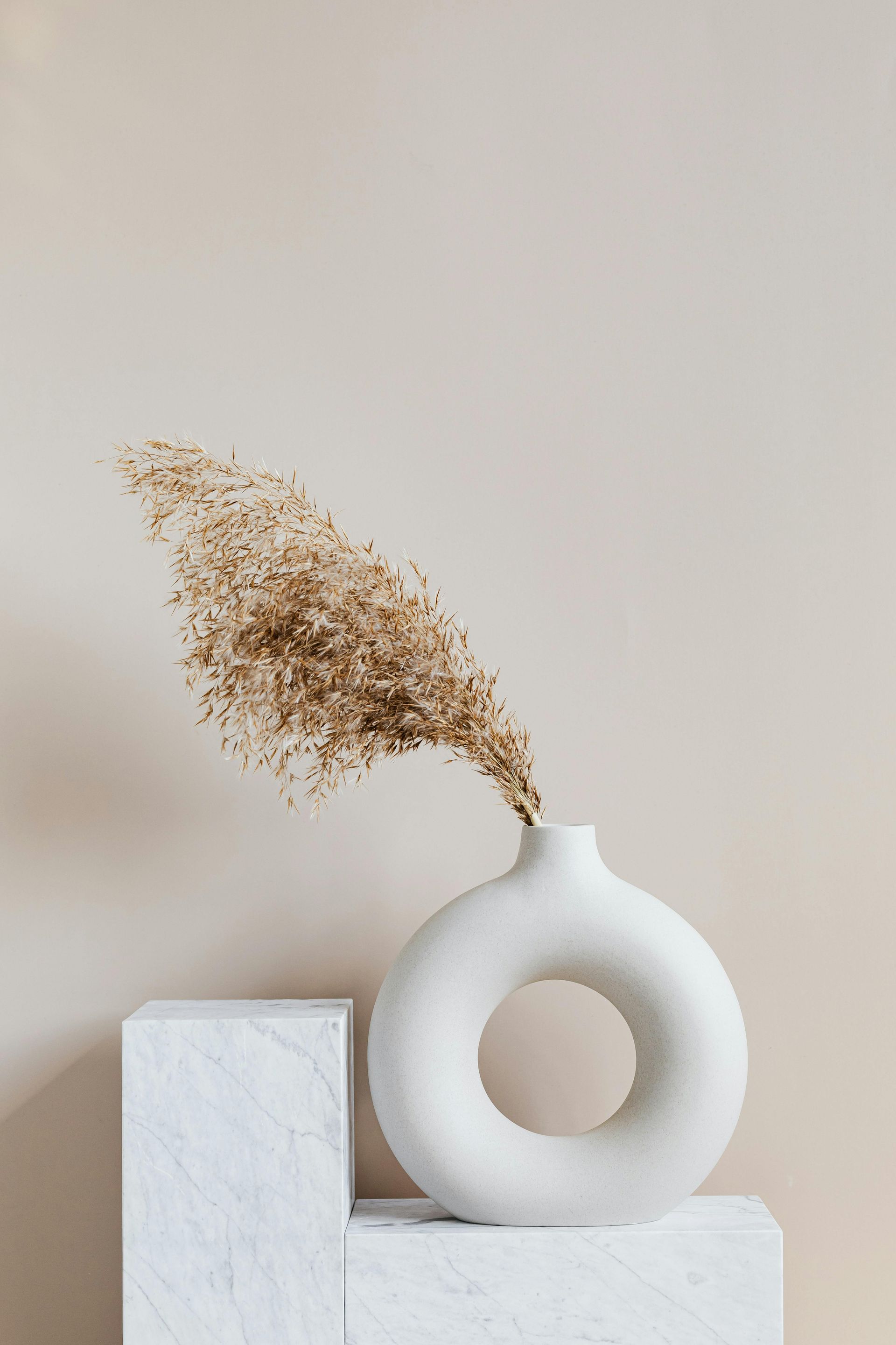 Minimal white vase with dried flowers on stacked white blocks against a beige wall