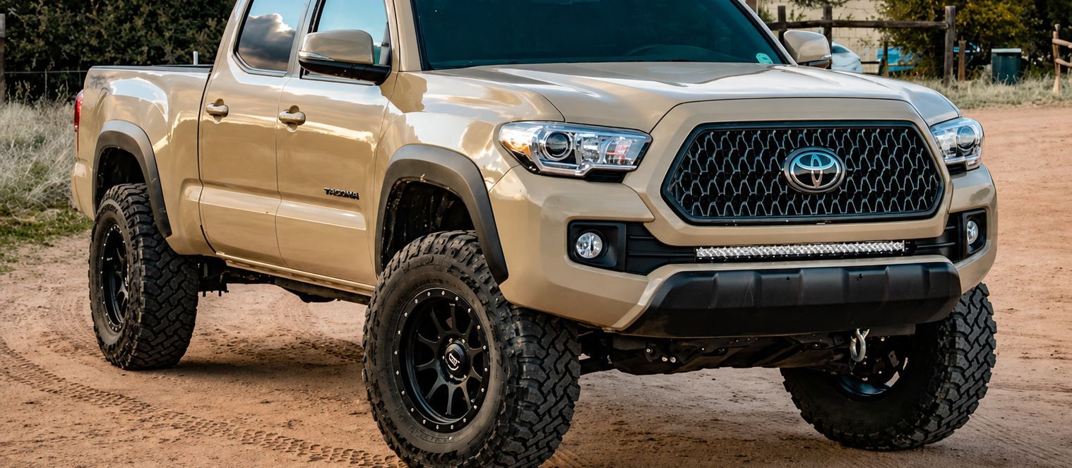 Beige lifted Toyota Tacoma pickup parked on a dirt road in a rural setting