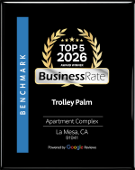 BusinessRate Top 5 2026 award plaque for Trolley Palm, Apartment Complex, La Mesa, CA.